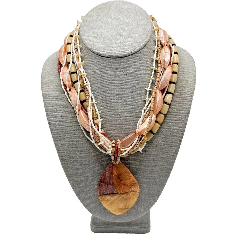 Boho Multi Strand Statement Necklace Pink Shell Beads Wood Tribal Pendant 18-20